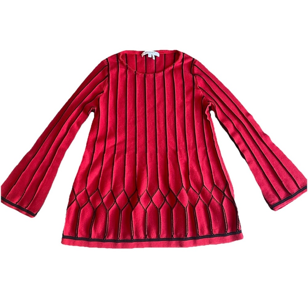 Foxcroft Affina Pointelle Knit Tunic Sweater Small Red Black Bell Sleeve
